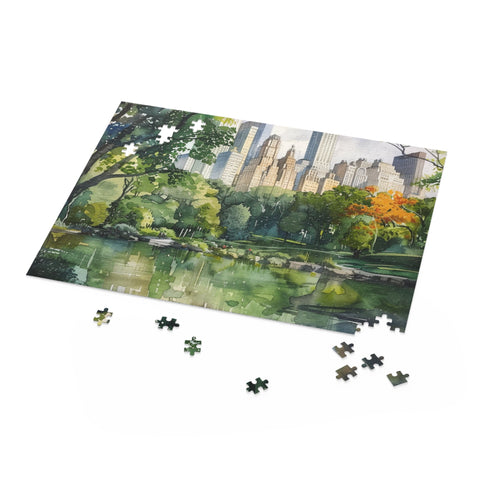 Central Park watercolor puzzle with vibrant colors and tranquil scenery.