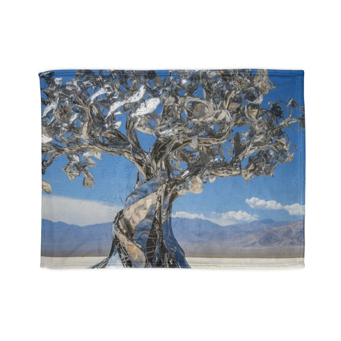 Mechanical Tree in Metallic Desert — Plush Fleece Throw Blanket — Full Flat Artwork View