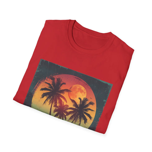 Charcoal Palm Paradise Sunset Retro T-Shirt, Crew Neck, Regular Fit