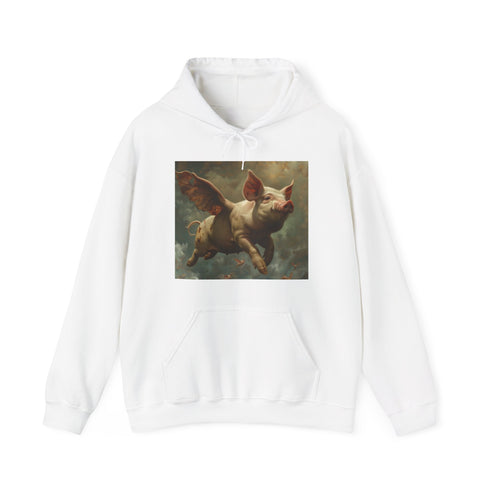 Graphic navy flying pigs themed unisex hoodie, sizes Small.