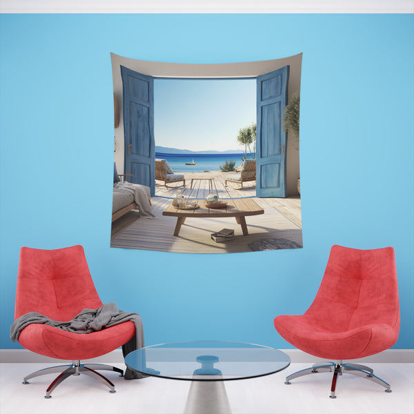 Open to Wonder: A Blue Window Tapestry | Wall Tapestry | All Over Print, AOP, Decor, Halloween, Home & Living, Home Decor, Indoor, Spring Essentials, Sublimation, Tapestry | Prints with Passion