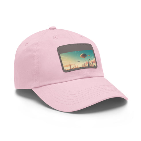 White cotton baseball hat with futuristic urban skyline design.