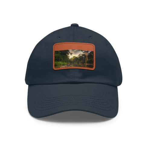 White baseball cap with light brown patch, Amazon River-inspired design.