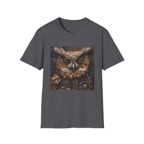 Steampunk owl design charcoal t-shirt with intricate gears and cogs.