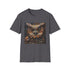 Steampunk owl design charcoal t-shirt with intricate gears and cogs.
