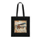 Vintage airplane travel stamps tote bag, black cotton tote with wanderlust design.