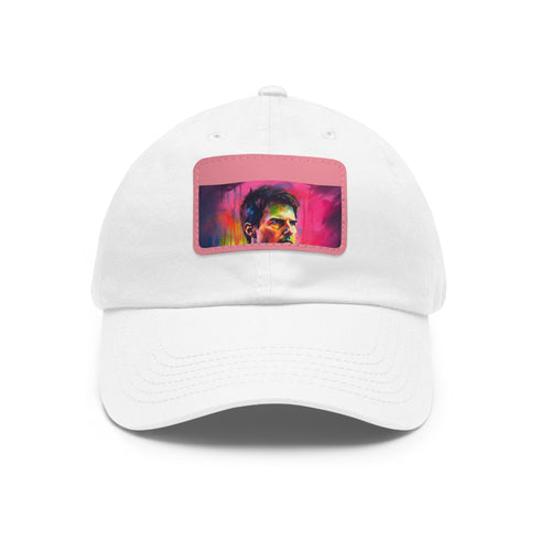 Neon colors baseball cap with light brown patch, rectangle shape.