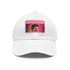 Neon colors baseball cap with light brown patch, rectangle shape.