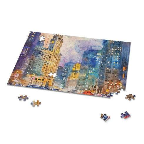 Vibrant Chicago skyline watercolor puzzle, perfect home activity for city lovers.