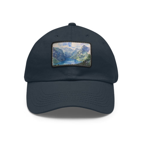 Swiss Alps watercolor baseball cap with light brown rectangle patch.