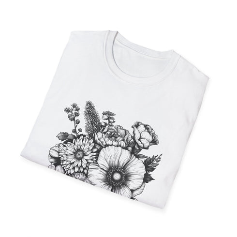 Charcoal crew neck floral t-shirt with hand-drawn botanical design