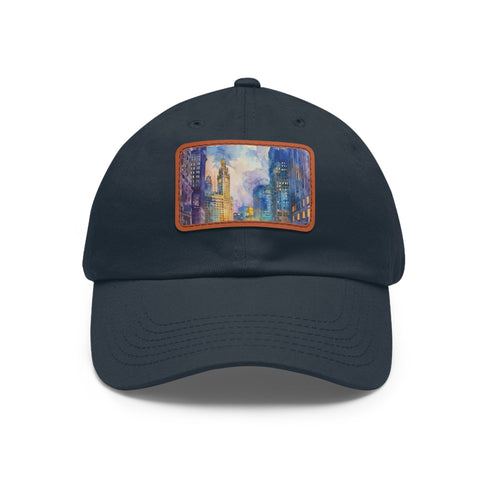 White cotton Chicago skyline watercolor baseball cap with rectangle patch.