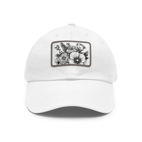 Colorful flower pattern baseball cap in white with light brown patch.