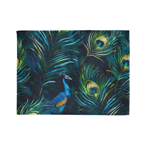 Luxurious peacock feather print blanket in 30'' x 40'' size.