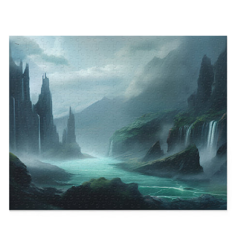 Intricate 120-piece jigsaw puzzle with fantastical edge-of-the-world landscape.