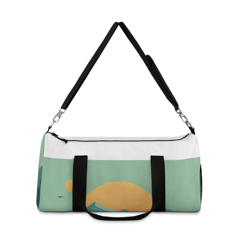 Minimalist mountain landscape print duffel bag for weekend getaways.