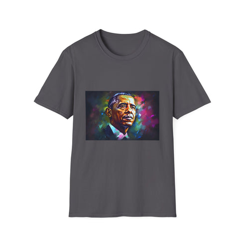 Vibrant charcoal T-shirt with Obama silhouette watercolor neon print