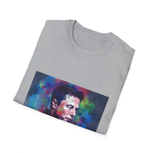 Charcoal cotton crew neck shirt with colorful Elon Musk watercolor design