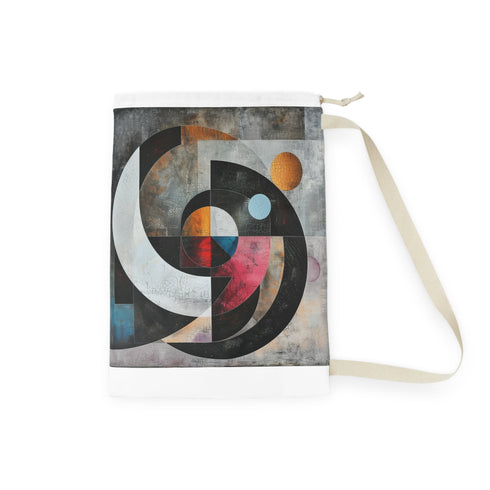 Abstract geometric shapes laundry bag with trendy all-over print design.