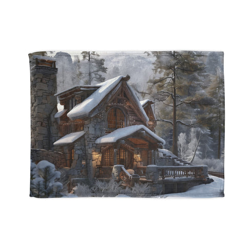 Rustic cabin & mountain landscape blanket for cozy mountain-inspired living room.