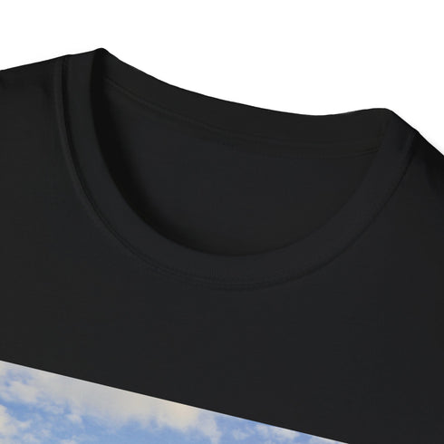 Charcoal cotton T-shirt with retro camper van seaside graphic