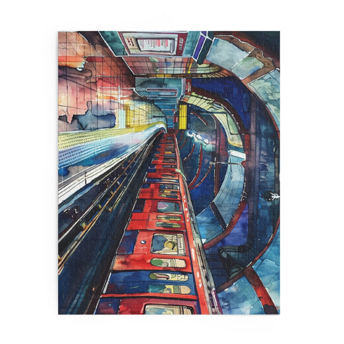 London Underground watercolor puzzle featuring iconic transportation system in vibrant colors.