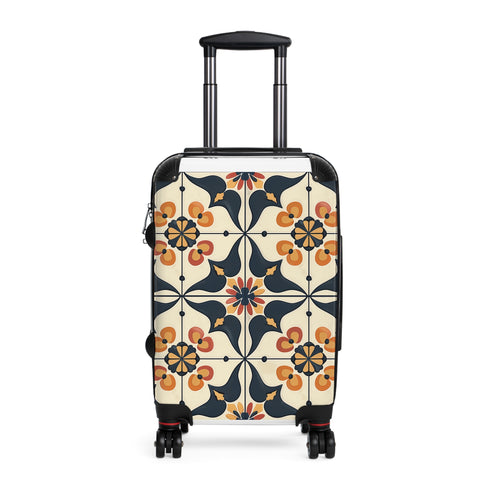 Artisan black small tiles suitcase with seamless elegance pattern.