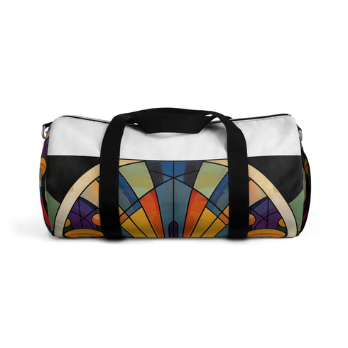 Art Deco patterned fashionable duffel bag for vintage-inspired travel style.