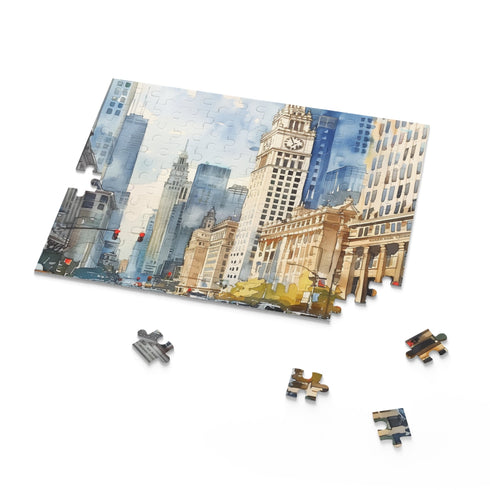 Chicago skyline watercolor jigsaw puzzle, colorful 120-piece cityscape scene.