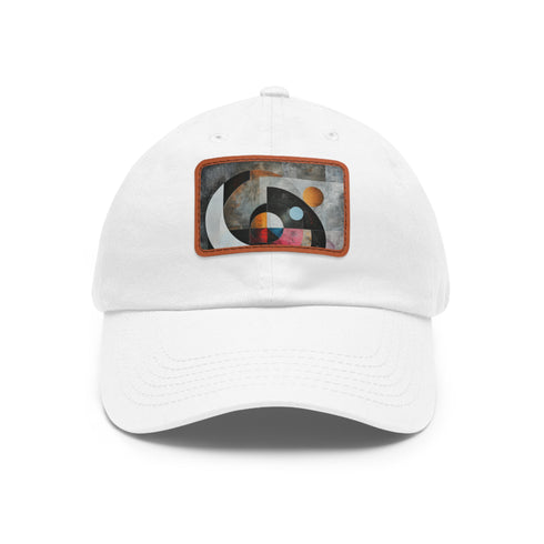 Abstract geometric white snapback cap with light brown rectangle patch.