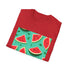 Vibrant tropical charcoal T-shirt with juicy watermelon and Hawaiian floral pattern