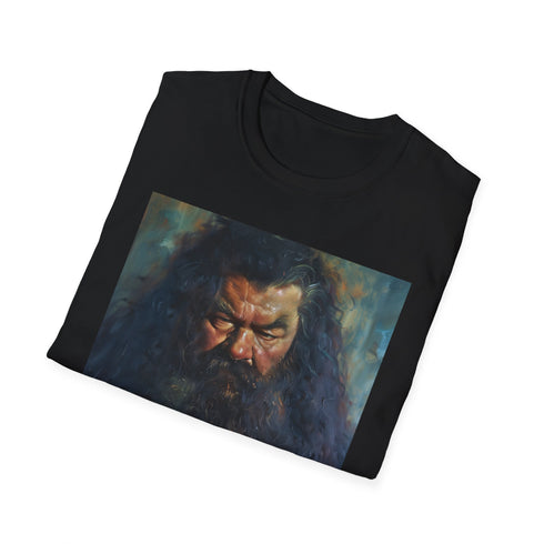 Charcoal cotton T-shirt with vibrant Rubeus Hagrid painting capturing his gentle nature