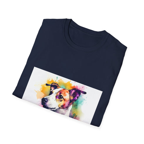 Charcoal crew neck cotton T-shirt featuring vibrant Jack Russell Terrier graphic