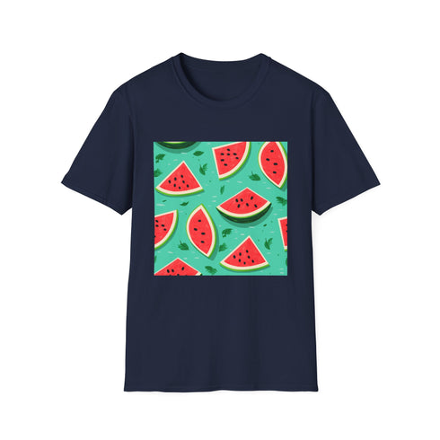 Charcoal cotton T-shirt with vibrant watermelon and Hawaiian floral pattern