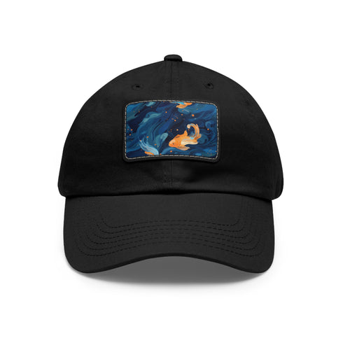 Stylish white cotton baseball cap with orange koi goldfish patch.