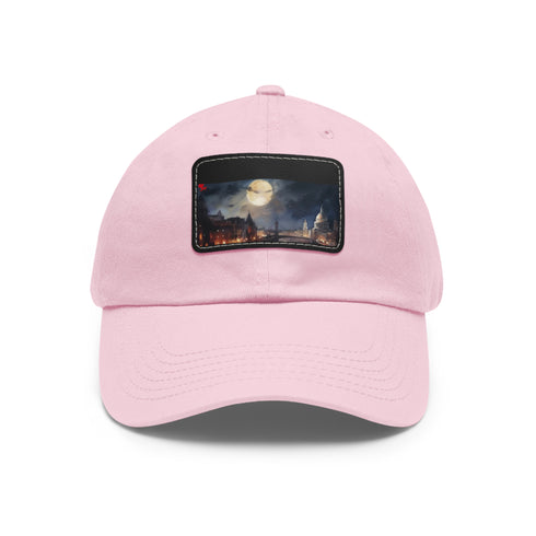 Stylish white baseball cap featuring London skyline, rectangle patch design.