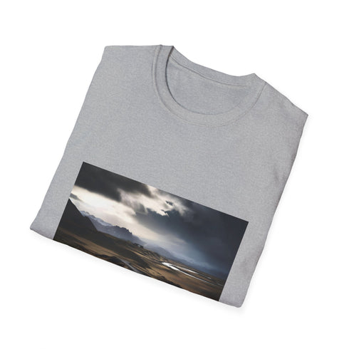 Charcoal crew neck cotton T-shirt featuring colorful Icelandic landscape graphic