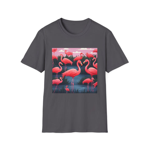 Charcoal cotton t-shirt with pink flamingo print and regular fit design