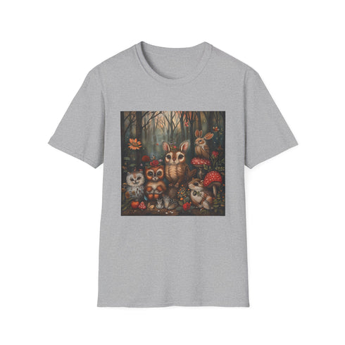 Charcoal crew neck t-shirt with woodland creatures print in breathable cotton