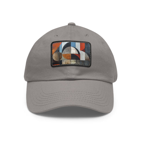 White cotton baseball cap with abstract geometric shapes design.