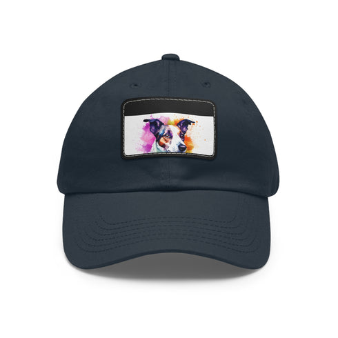 Adorable white Jack Russel snapback cap with light brown patch.