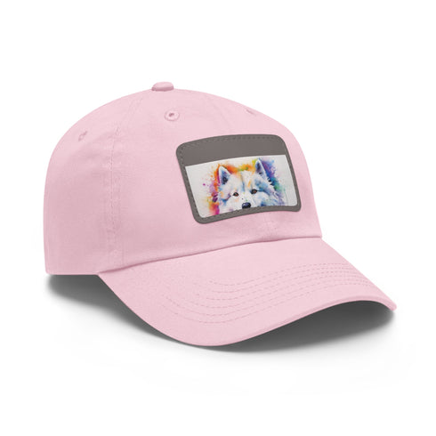Fluffy Samoyed Snapback in White with Light Brown Rectangle Patch.