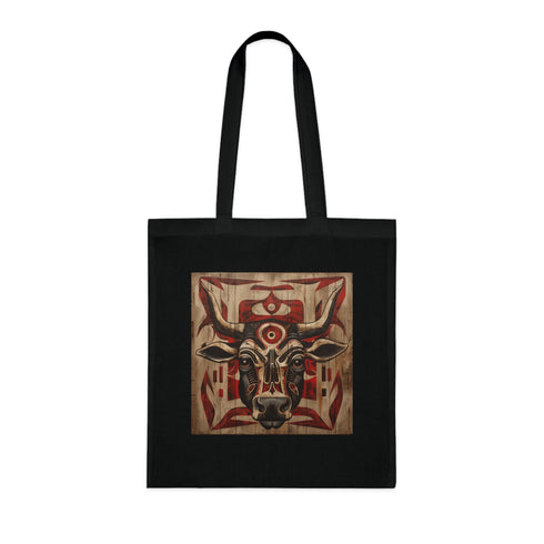 Black cotton tote bag with tribal animal totem design.