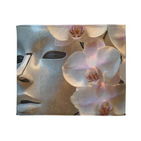 Robot Face Blooming with Orchids Plush Fleece Throw Blanket