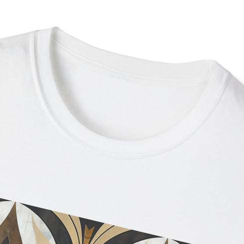 Charcoal cotton t-shirt featuring vibrant abstract art deco patterns