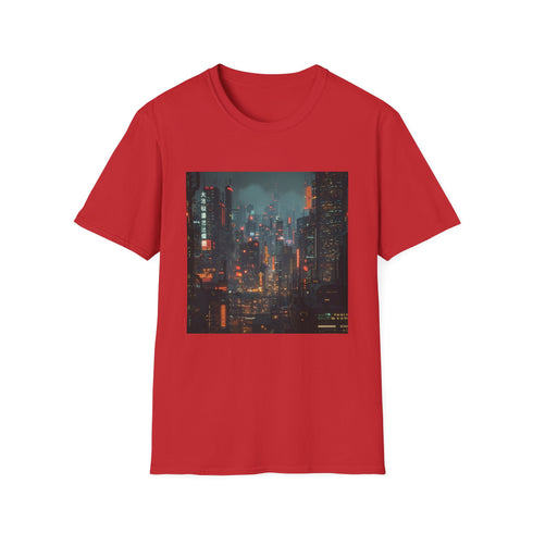 Charcoal cotton t-shirt depicting a vibrant cyberpunk cityscape in neon colors