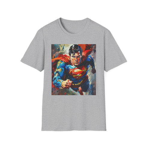Superman portrait charcoal T-shirt featuring vibrant brushstrokes and soft cotton fabric