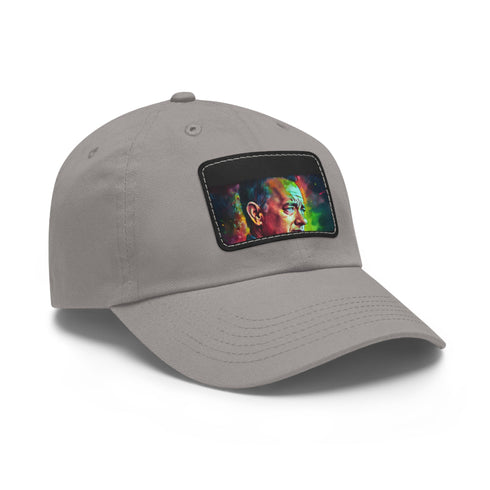 Neon watercolor splatter hat with light brown patch and rectangle shape.