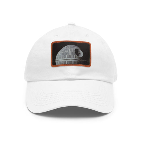 White Galactic Empire Death Star baseball cap with light brown patch.