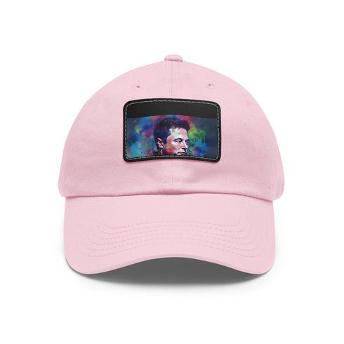 Vibrant Elon Musk watercolor baseball cap with white/light brown patch.